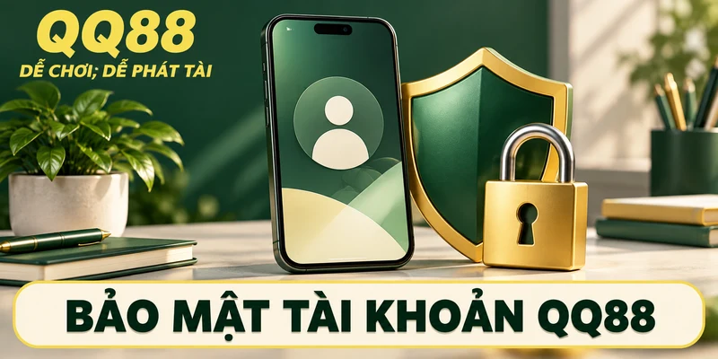Minh họa bảo mật tài khoản QQ88 với điện thoại, khiên và ổ khóa
